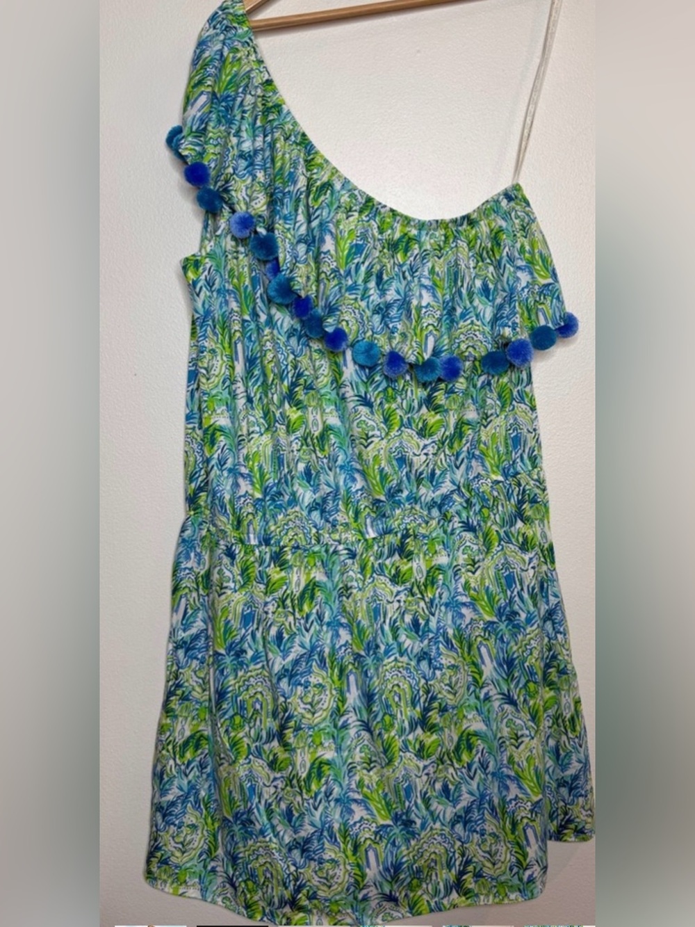 Lilly Pulitzer One-Shoulder Pom-Pom romper dress in Blue & Green sz Large
